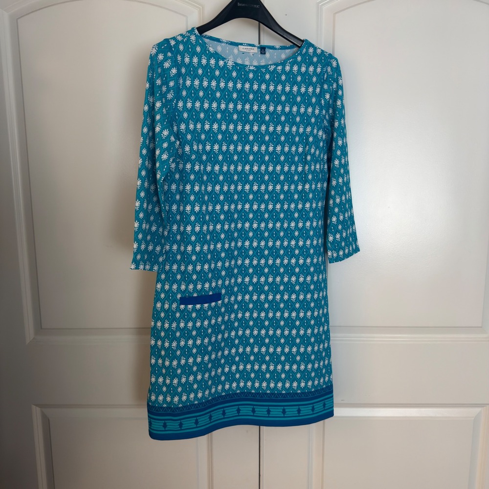 Cabana Life Women Turquoise Blue Geometric Floral UPF 50+ Shift Dress Size M